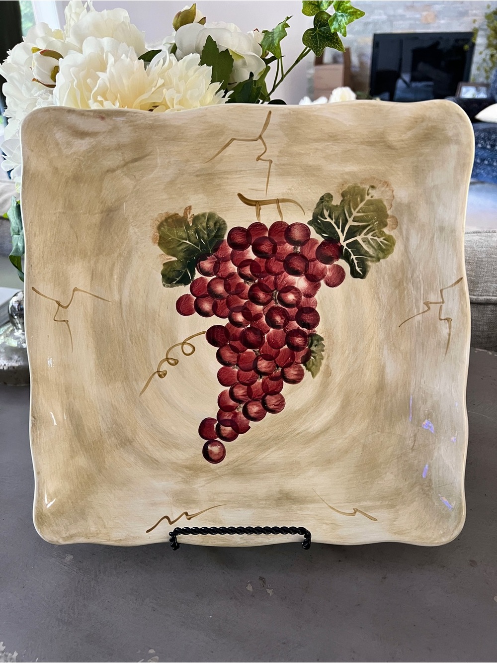 Hand-Painted Ceramic Serving Platter with Burgundy Grape Motif